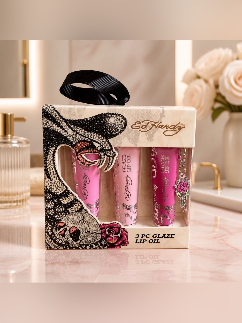Ed Hardy 3 Pc Glaze Lip Oil Set Pink Lip Oils New